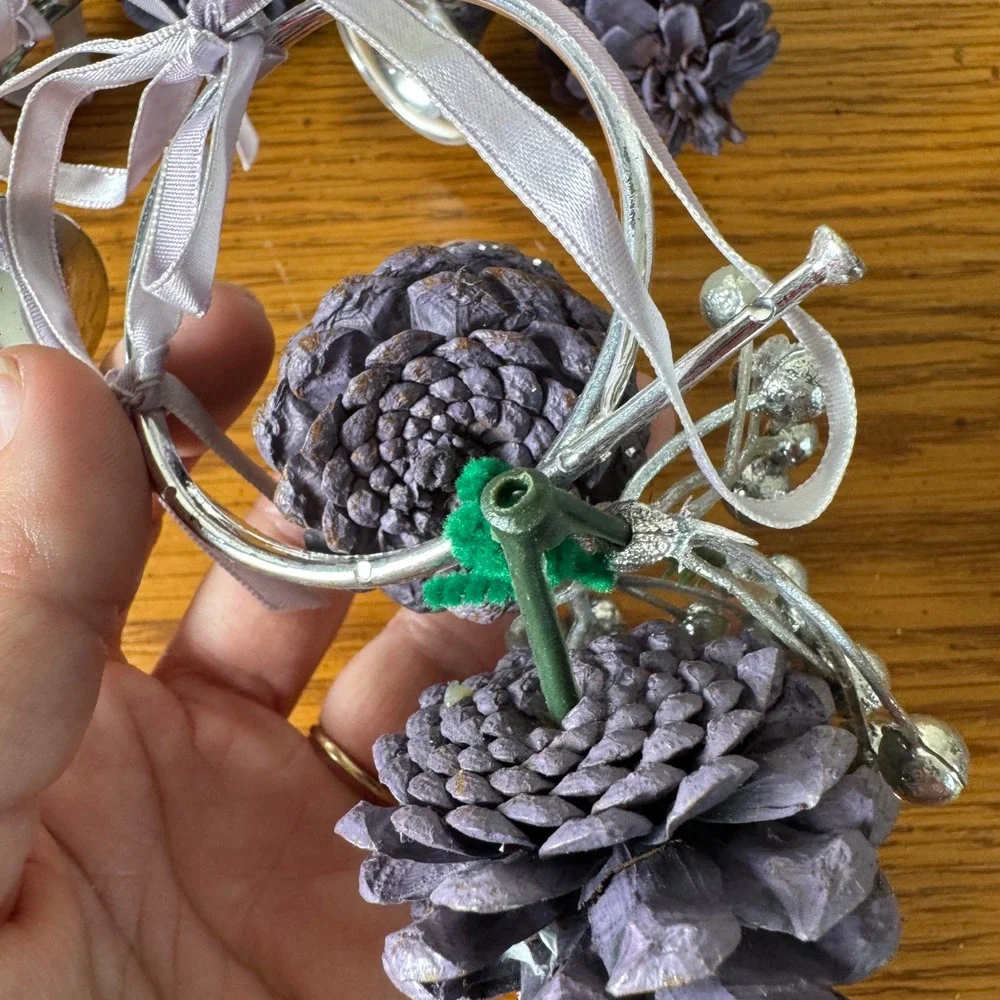 Set of 4 Silver Tone‎ Trumpet Pinecone Holiday Ornaments Purple Lavender Ribbon